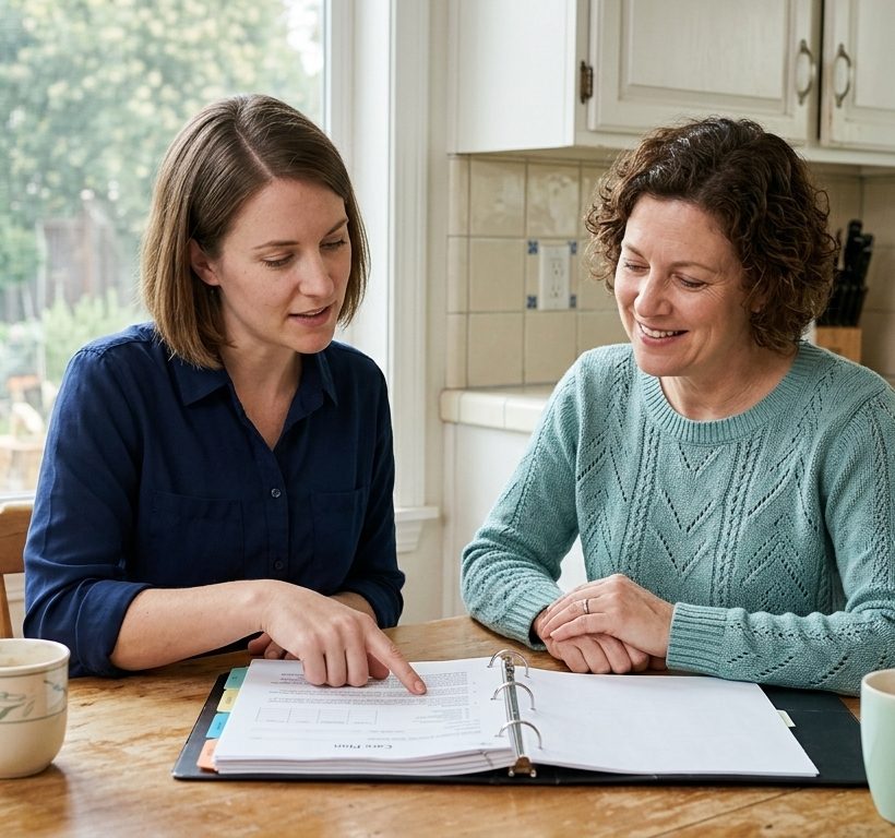 A caregiver and a family member reviewing a care plan together