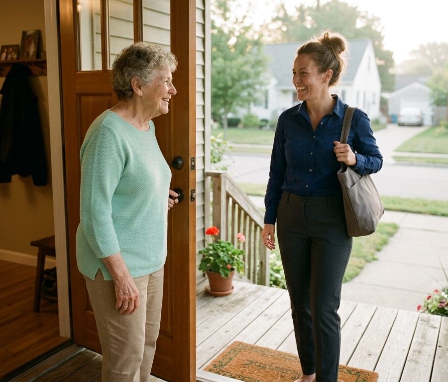 A caregiver being welcomed at the front door of a home