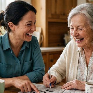A caregiver and an older woman laughing together over a crossword