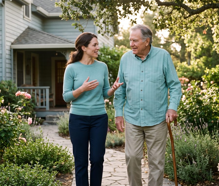 A caregiver walking with an older man in a garden